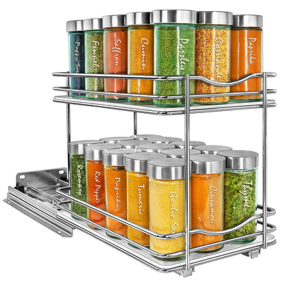 LYNK PROFESSIONAL® Pull Out Spice Rack Organizer for Inside Kitchen Cabinets - 4-1/4 inch Wide - Slide Out Drawer – Chrome Sliding Spice Cabinet Organization Shelf Racks - 2 Tier
