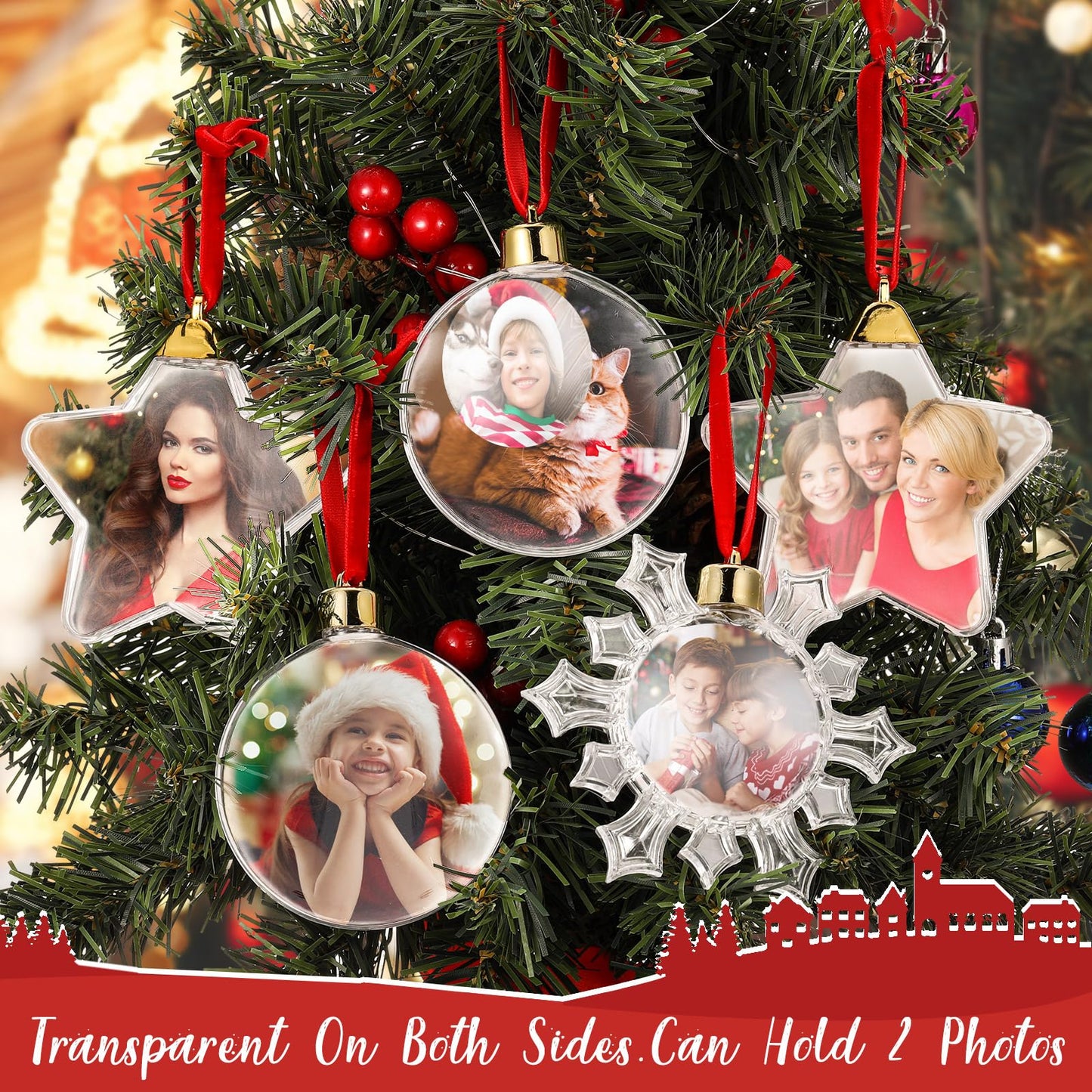 15 Pcs Christmas Hanging Photo Frame Christmas Photo Ornaments Acrylic Decorative Pictures Frames Family Ornament for Winter Christmas Tree Decorations(Round, Snowflake, Star)