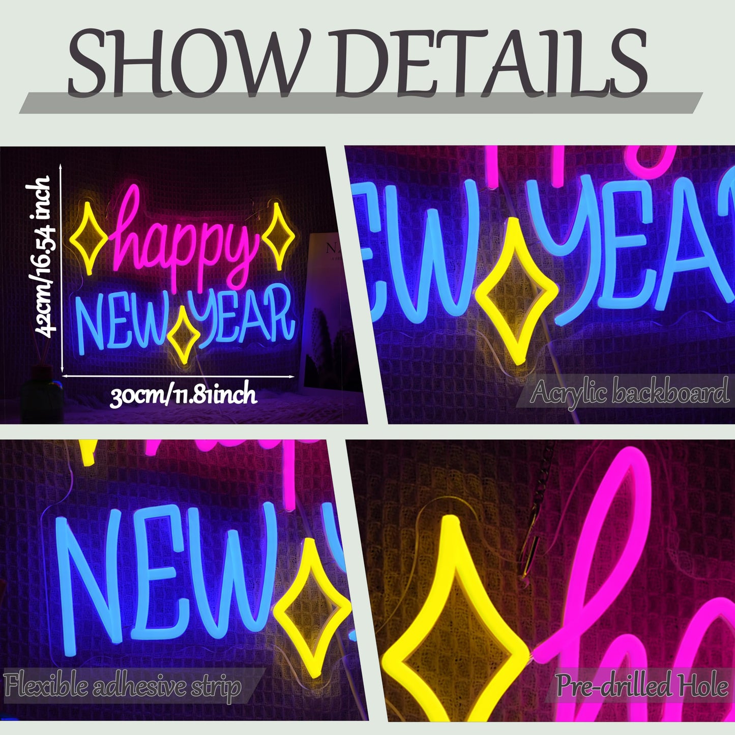 Happy New Year Neon Sign LED Spring Festival Letter Neon Light Sign USB Powered New Year Neon Light for Wall Decor Man Cave Room Party