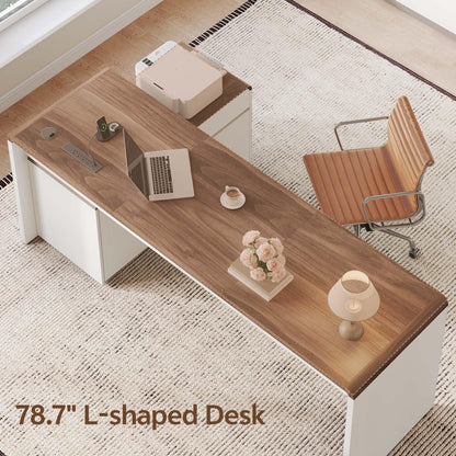 Homiflex Mid-Century Modern 78" L-Shaped Executive Desk with Independent Mobile File Cabinet, Large Home Office Desk with Drawers and 4 AC + 2 USB Power Outlets, Waterfall Edge Design, White & Walnut