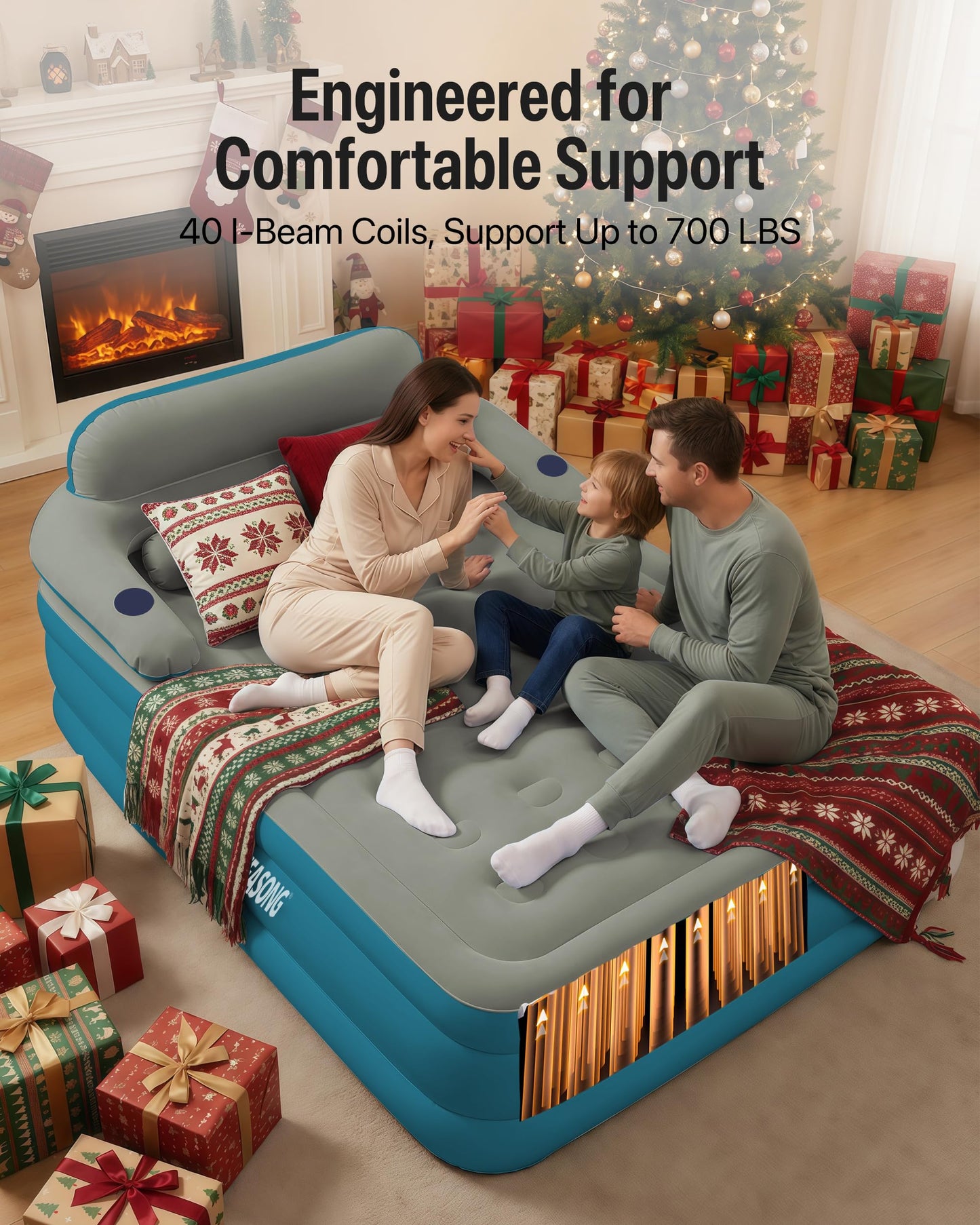 JEASONG Queen Air Mattress with Built-in Rechargeable Battery Pump & Headboard, 20 Inch Elevated Airbed Blow Up Mattress, 700 lbs Inflatable Mattress, Portable Air Bed Blow Up Bed for Home & Camping