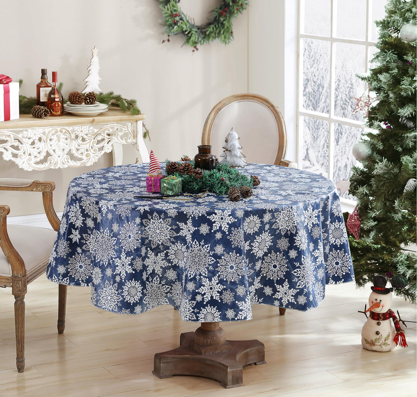 Newbridge Christmas Navy Winter Snowflake 70 Inch Round Vinyl Tablecloth with Flannel Backing – Sparkling Silver Holiday Print Easy-Care Wipe Clean Table Cover