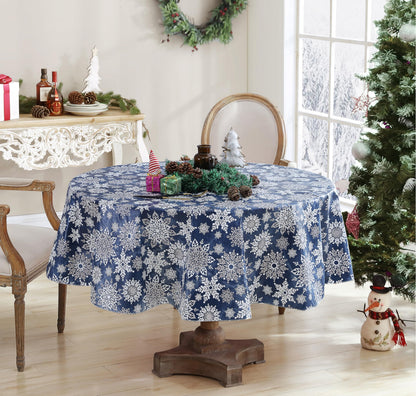 Newbridge Christmas Navy Winter Snowflake 70 Inch Round Vinyl Tablecloth with Flannel Backing – Sparkling Silver Holiday Print Easy-Care Wipe Clean Table Cover