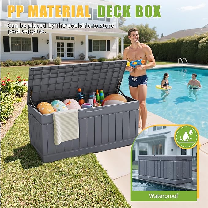 Greesum Outdoor Storage Box 82 Gallon Storage Bin with Lid for Patio Furniture, Garden Tools, Pool Supplies, Waterproof and UV Resistant, Lockable, Gray