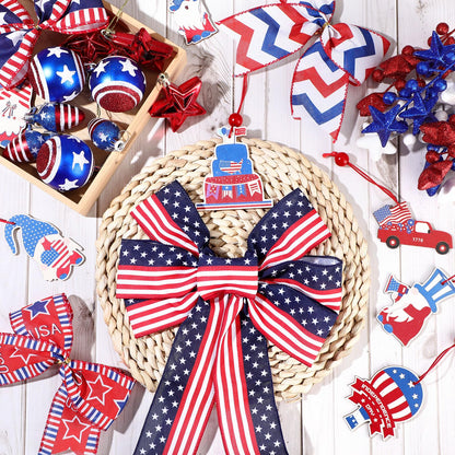 43 Pcs 4th of July Patriotic Tree Decorations Independence Day Christmas Tree Ornaments Ribbon Bow Topper Red White and Blue Hanging Ornaments for National Memorial Day Party