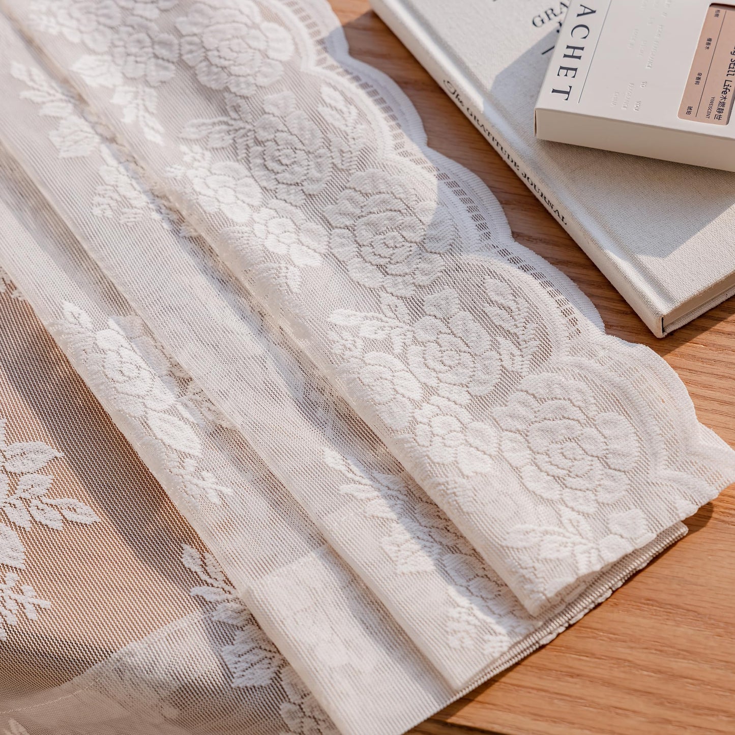Ivory Lace Curtains 90 Inch Long Vintage Rose with Scalloped Edges Semi Sheer Privacy Curtain Drapes for Living Room, Bedroom Cream Lace Window Curtains with Rod Pocket, 57"W x 90"L, 3 Panels