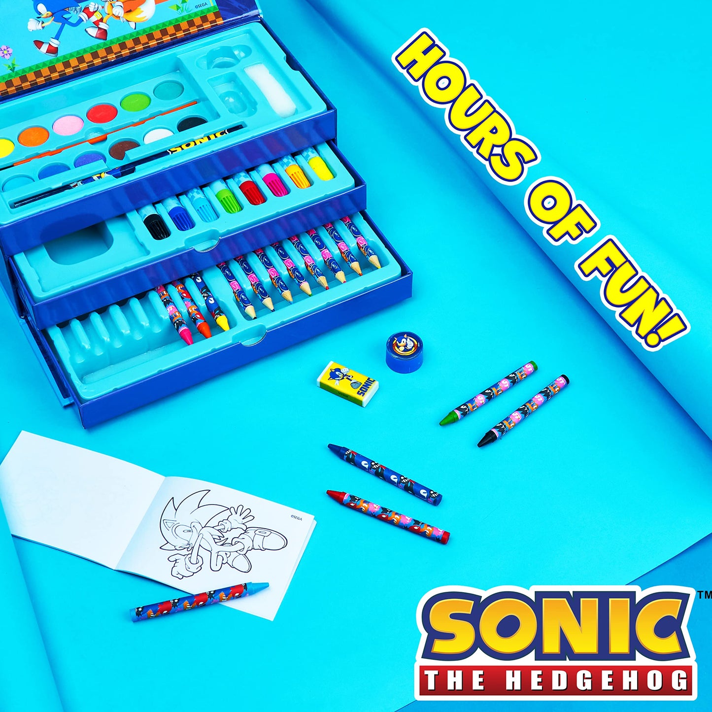Sonic The Hedgehog Art Set for Girls Boys Colouring Sets for Children 40 Plus Pieces Travel Set Carrying Handle Painting Sets for Children Art Supplies Gifts for Boys