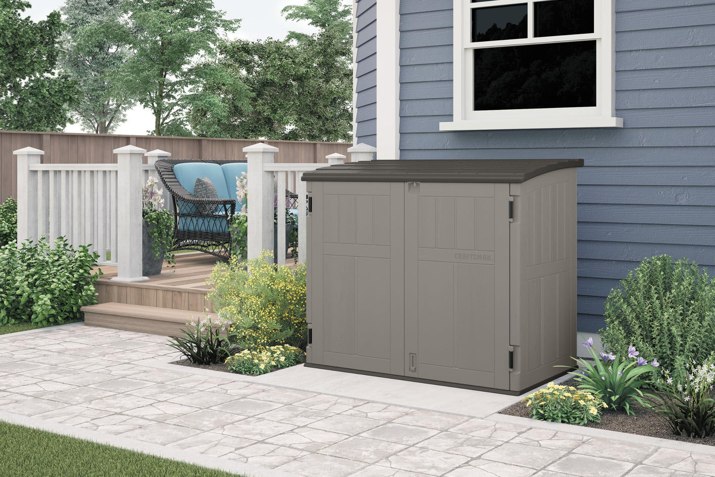 Craftsman Horizontal Shed, Compact Outdoor Storage System, 34 Cu. Ft. Capacity, Made in USA - Lockable Multi-Wall Resin Organizer for Garbage Cans, Garden Tools, Bins, Bikes and Yard Equipment