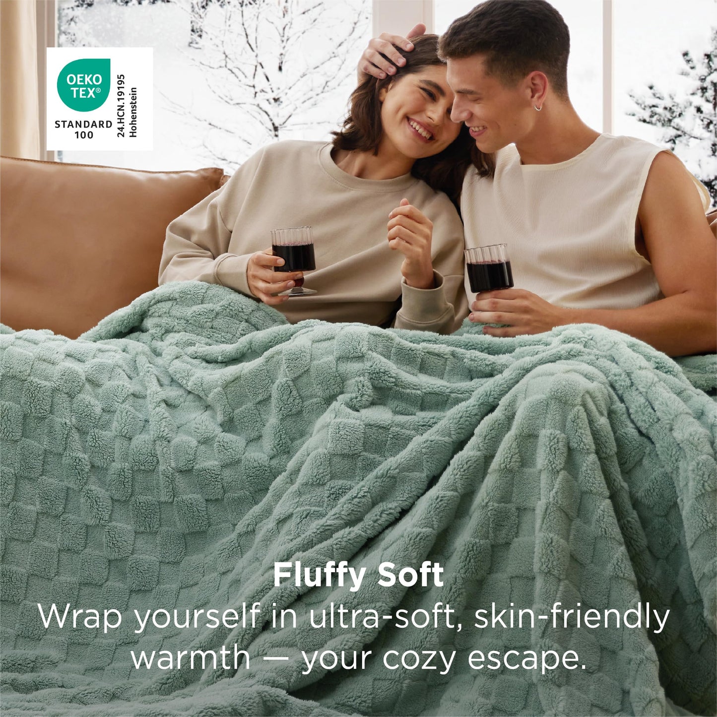 Bedsure Fleece Throw Blanket for Couch White and Sage Green