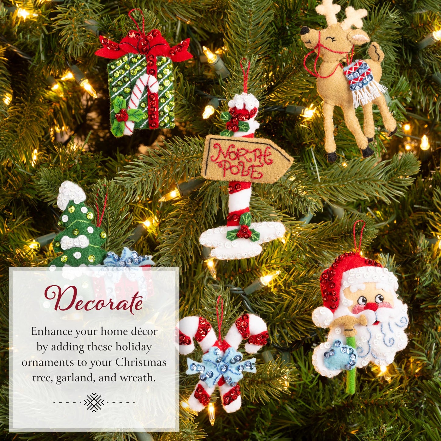Bucilla, Felt Applique 6 Piece Ornament Making Kit, North Pole This Way, Perfect for DIY Arts and Crafts