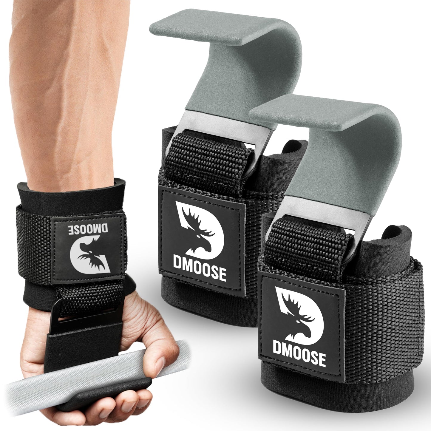 DMoose Fitness Weight Lifting Hooks (Pair) for Deadlifts, Pull Ups, Rows & Shrugs - Anti-Rip Nylon Strap Hand Grips with Thick Wrist Padding - Heavy Duty Wrist Straps for Weightlifting & Gym Workouts
