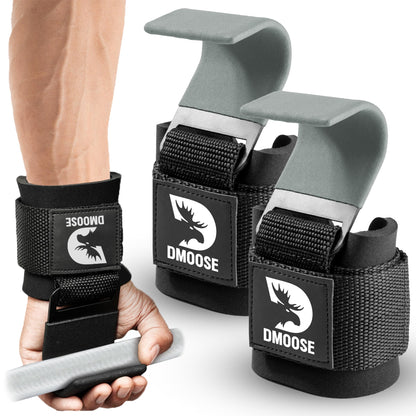 DMoose Fitness Weight Lifting Hooks (Pair) for Deadlifts, Pull Ups, Rows & Shrugs - Anti-Rip Nylon Strap Hand Grips with Thick Wrist Padding - Heavy Duty Wrist Straps for Weightlifting & Gym Workouts
