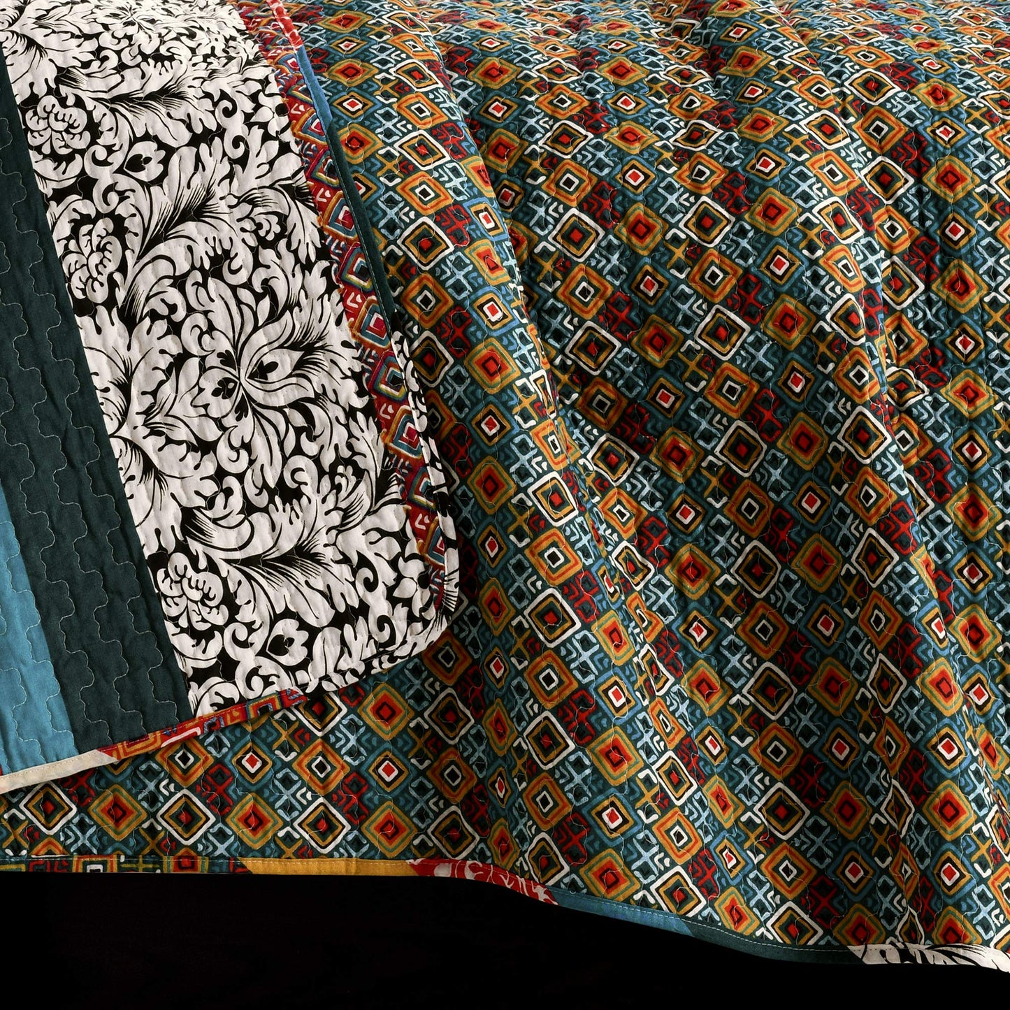 Lush Decor Boho Stripe Reversible Cotton Quilt 3-Piece Set, Full/ Queen, Turquoise & Tangerine - Bold Colorful Bohemian Bedding Set