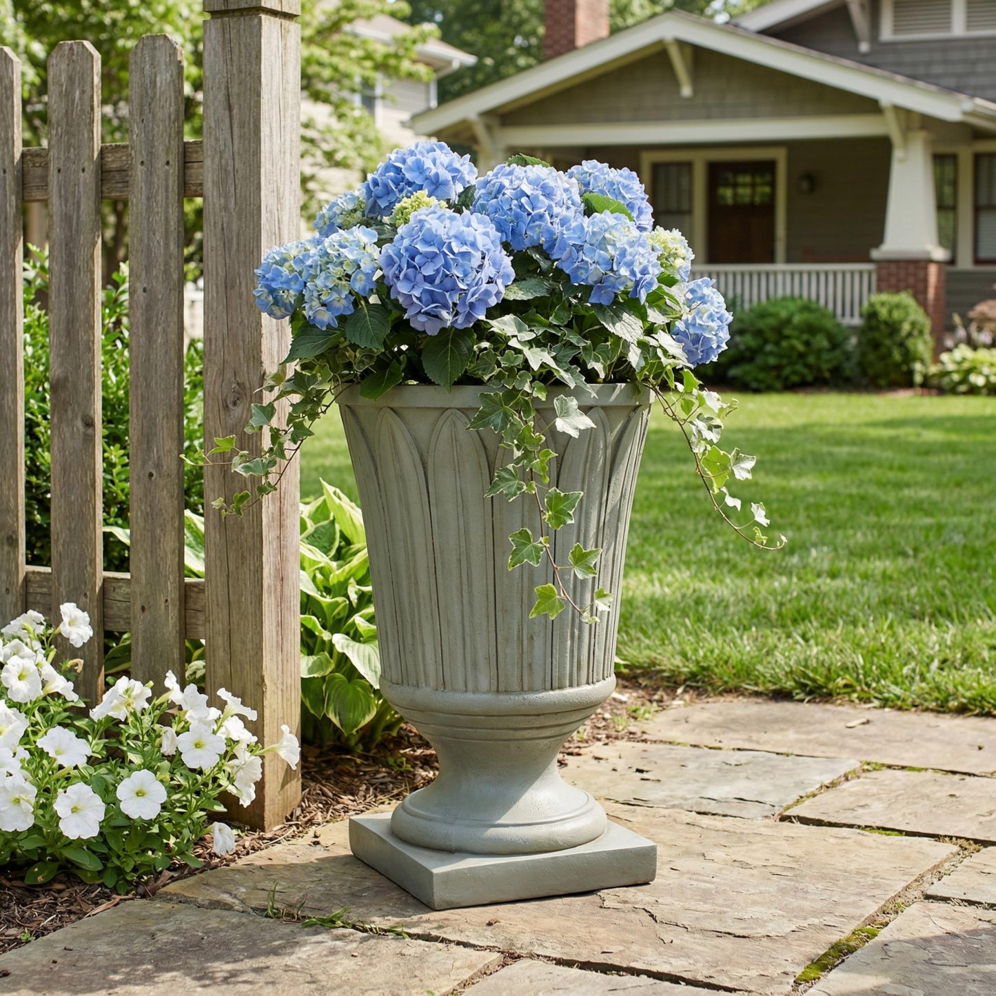 Merax 22.44" H Classical Embossed Leaf Pedestal Urn Planter Weather-Resistant MGO Outdoor Flower Pot for Garden Patio and Front Porch Entrance,Antique Mossy Grey