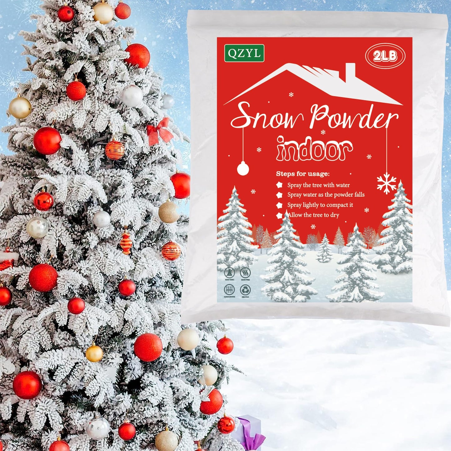 Snow Flocking Powder, 2 lbs Self-Adhesive Snow Flock for Christmas Decorations, Christmas Tree Decor Snow, Fake White Snow Flock for Winter Xmas Artificial Tree Wreath Garland Crafts Home Display