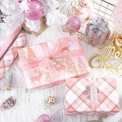 RUSPEPA Pink Christmas Wrapping Paper Set, Mini Roll, Gold Foil Winter Wonderland Design with Reindeer, Snowflake, Plaid Patterns Perfect for Holiday Gifts, 3 Rolls, 17 inches x 10 feet per Roll
