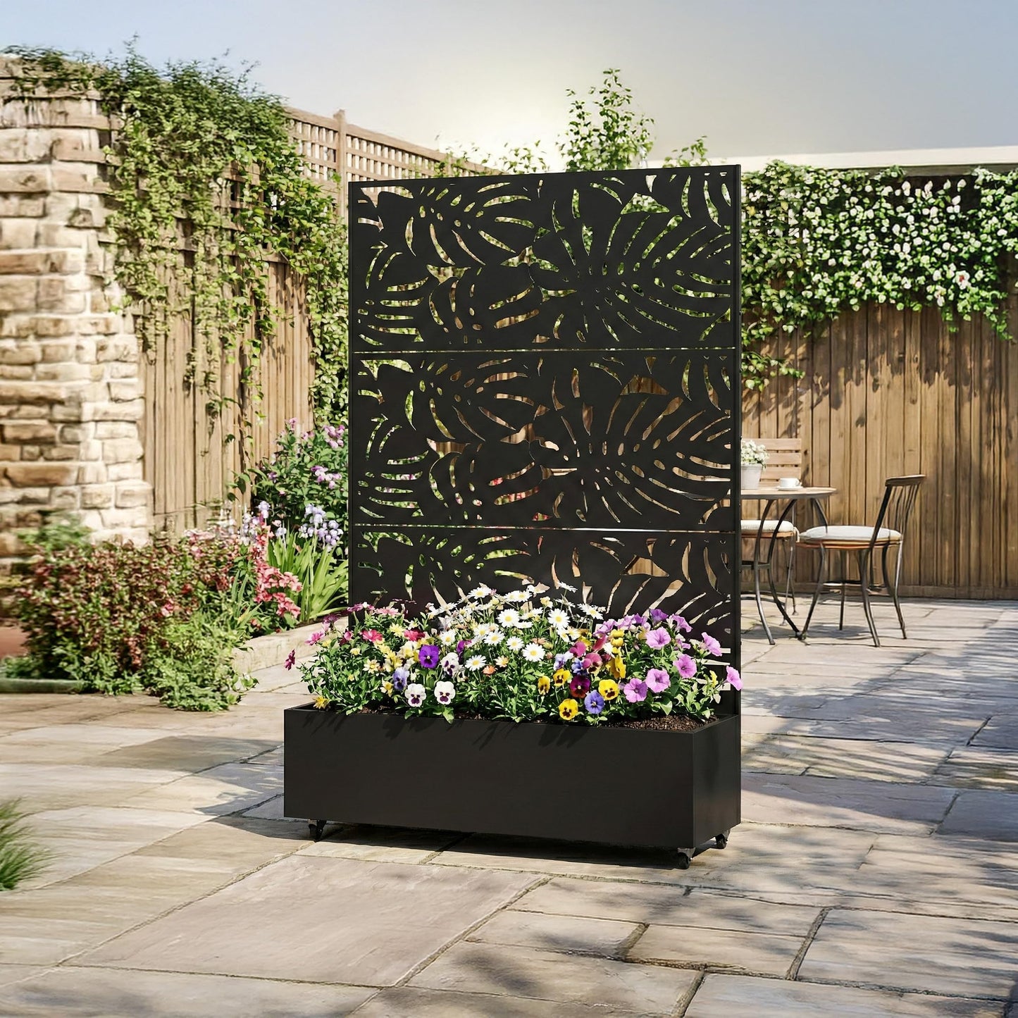 Qatiby Metal Raised Garden Bed with Trellis and Wheels, 71"x47"x16" Planter Box with Privacy Screen & Drainage Holes, Mobile Outdoor Garden Bed for Climbing Plants, Vegetables, Flowers (Black-Summer)
