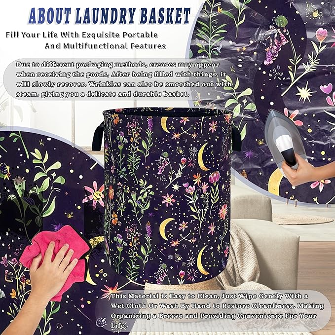 Moon Wild Flowers Laundry Basket Oxford Cloth Colorful Floral Laundry Hamper