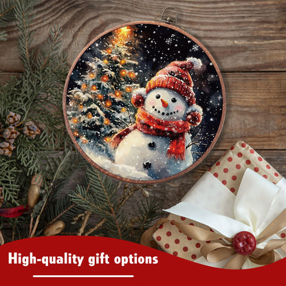 heiyihe Round Christmas Trees Snowman Hanging Canvas Artwork, 10x10 Inches Round Christmas Canvas Frame Wall Art Decor, Embroidery Kit Decor for Home Living Room, Gift Ideas for Family Friends-A09
