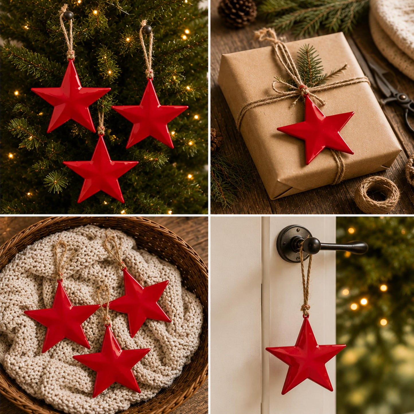 Hanging Star Wall Decor Set of 3 – Red Metal Hanging Star with Rope – Farmhouse Rustic Home & Christmas Decoration for Door, Wall & Window (5 x 5 x 10.2 Inches) (Red)