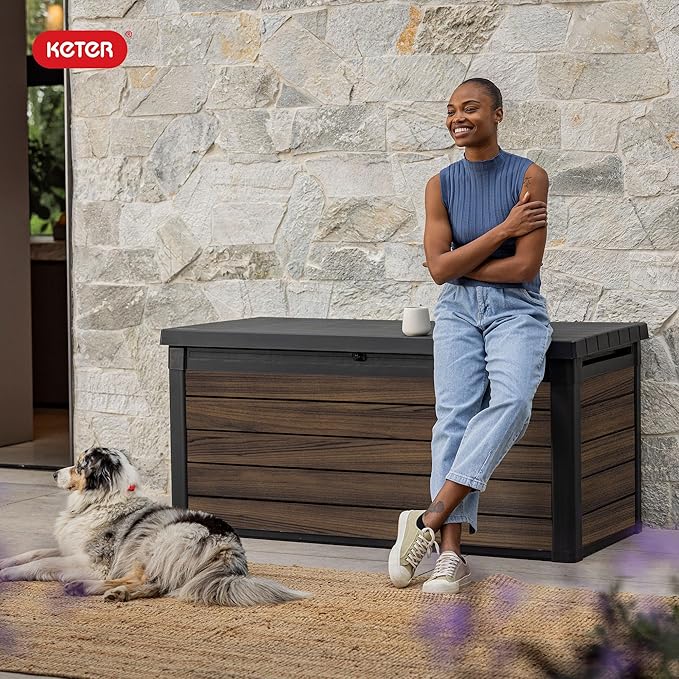Keter Signature Collection 150 Gallon Resin Deck Box Organization and Storage for Patio Outdoor Cushions, Throw Pillows, Garden Tools and Pool Supplies, Rosewood