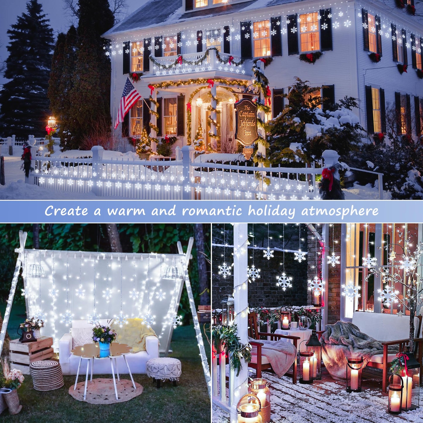 Qunlight Christmas Snowflake Icicle Lights,6.5ft 144LED Curtain Lights Outdoor with 12 Drops, 8 Modes Waterproof Connectable Fairy Light for Eaves, Garden, Yard, Indoor Outdoor Xmas Decor (White)