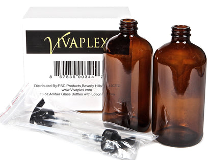 Vivaplex, 2, Large, 16 oz, Empty, Amber Glass Bottles with Black Lotion Pumps