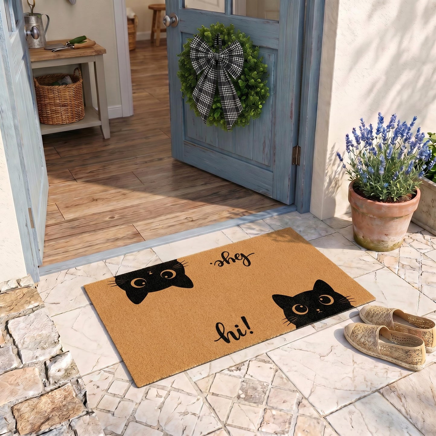 2 Pcs Funny Cat Front Door Mat and Wreath Set Cute Black Cat Faux Coir Doormat and 19" Artificial Greenery Wreath with Plaid Bow Welcome Outside Decor for Porch Entryway