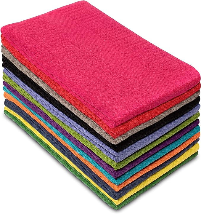 Cotton Craft 12 Pack Multicolor Kitchen Towels 16x28 Inches- Pure Cotton