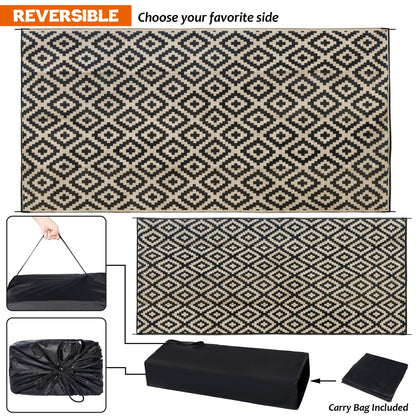 SAND MINE Waterproof Outdoor Rug 10x20 ft, Plastic Reversible Rug, Modern Area Rug, Large Floor Mat for Outdoors, RV, Patio, Backyard, Deck, Picnic, Beach, Camping, Black & Beige