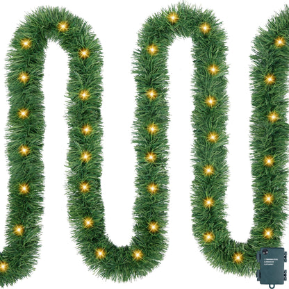 Ouddy Decor Christmas Garland with Lights, 19.7 Ft 60 Led Pre-lit Christmas Greenery Garland Battery Operated for Mantle Stairs Railing Party Winter New Year Outdoor Indoor Home Decor, Warm White