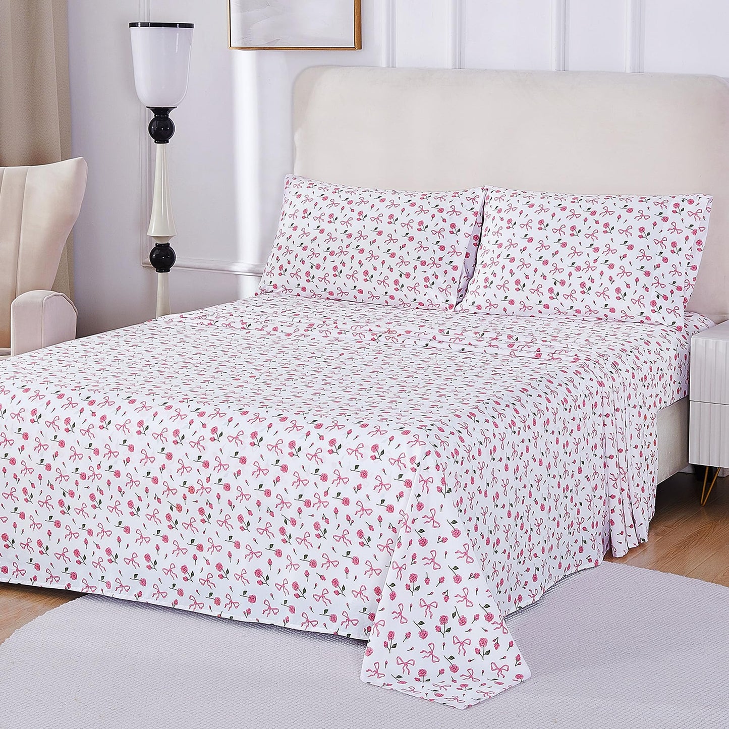 Softan Pink Floral King Bed Sheets, Cozy Microfiber Flower Printed Sheets with 15" Deep Pocket Fitted Sheet & Non-Slip Straps, Patterned Pink Rose - Bow Sheets & Pillowcase Set