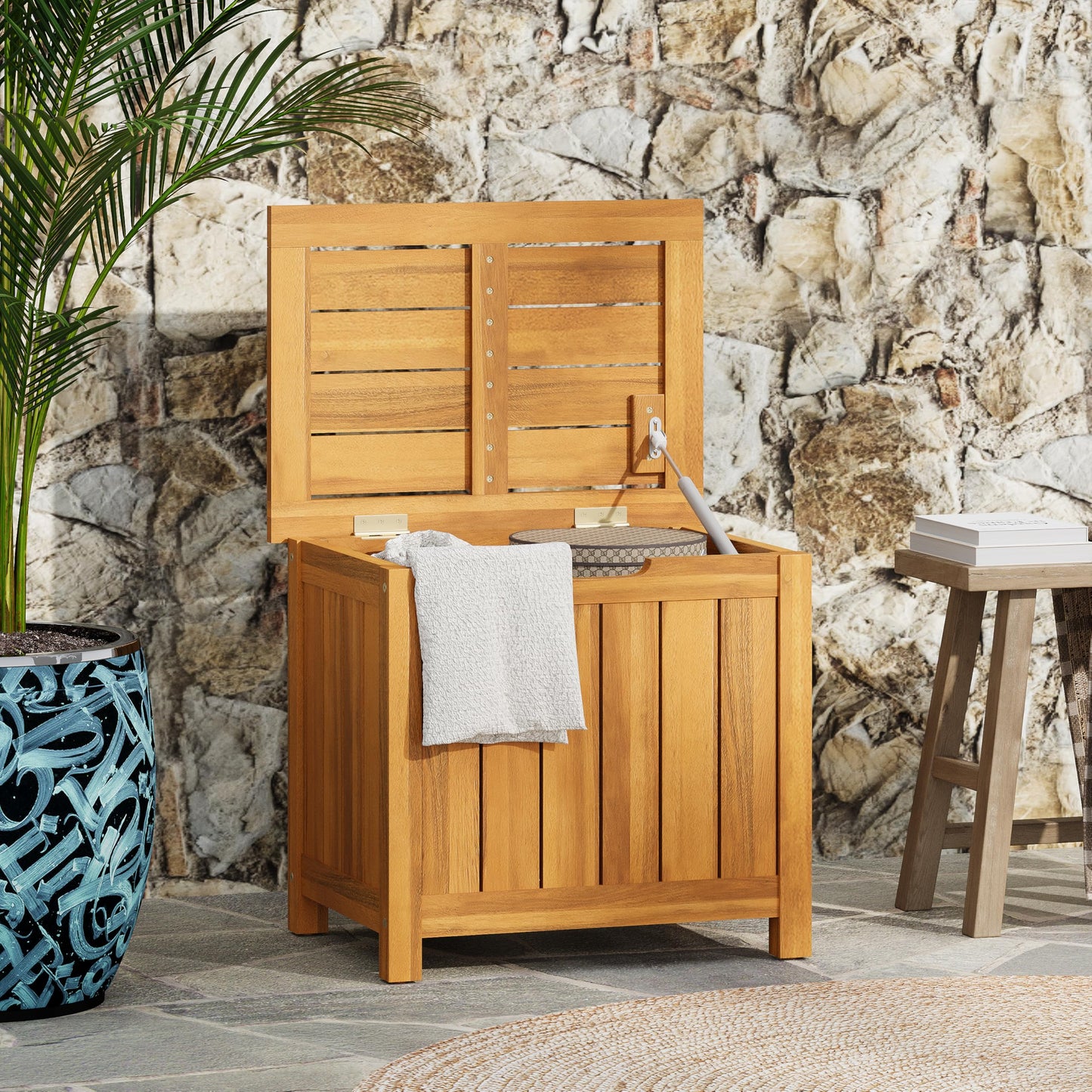 Christopher Knight Home Kensy Acacia Wood Outdoor Storage Box, 30 Gallons Wooden Patio Deck Box, Garden Backyard Tool Storage, Outdoor Storage Container for Patio Furniture Cushion, Teak Finish