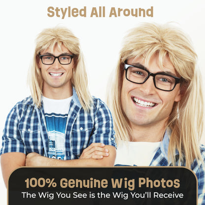 ALLAURA - Garth Algar Wig 90s Guitar Rocker Blonde Mullet Wig + Black Glasses - Mens 80s Punk Heavy Metal Blonde Mullet Wigs