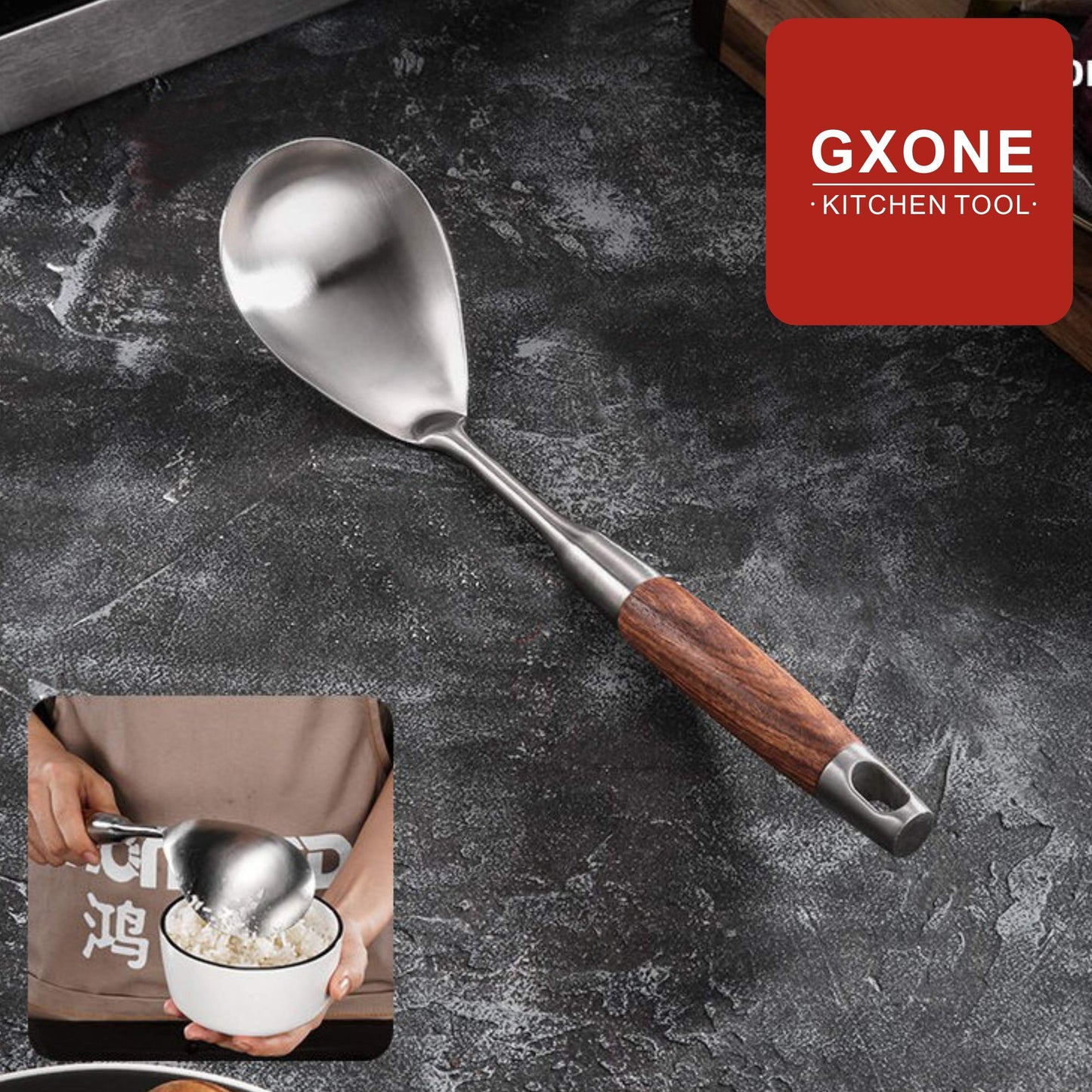 GXONE Large Serving Spoons,304 Stainless Steel Cooking Spoon with Heat Resistant Wooden Handle,Silver/12.4Inch