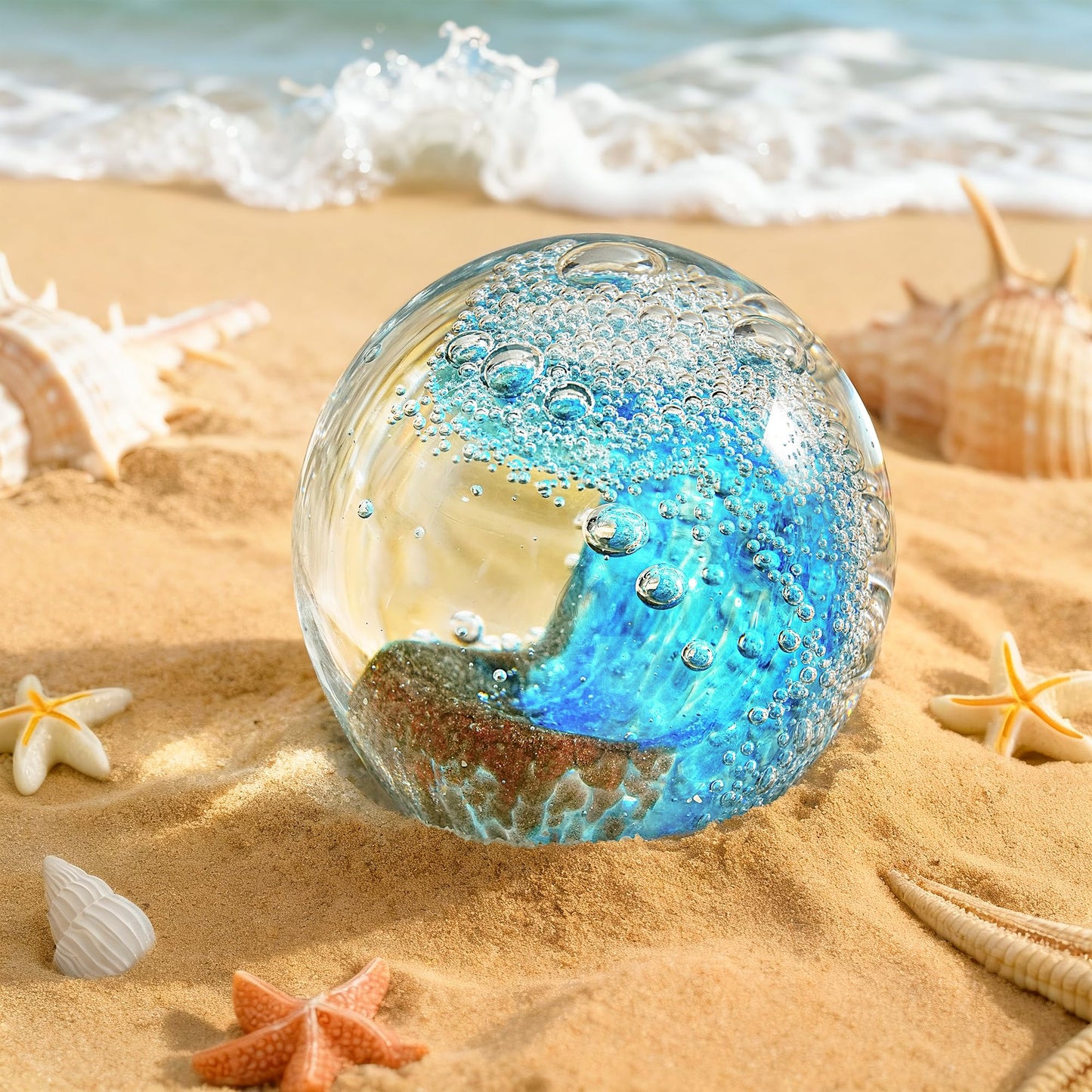 H&D HYALINE & DORA Hand Blown Glass Ocean Waves Ball Paperweight Decorative Home Office Decor Glass Art Collectible Crystal Ball Paperweight Ideal for Ocean Lovers(2.3Inch)