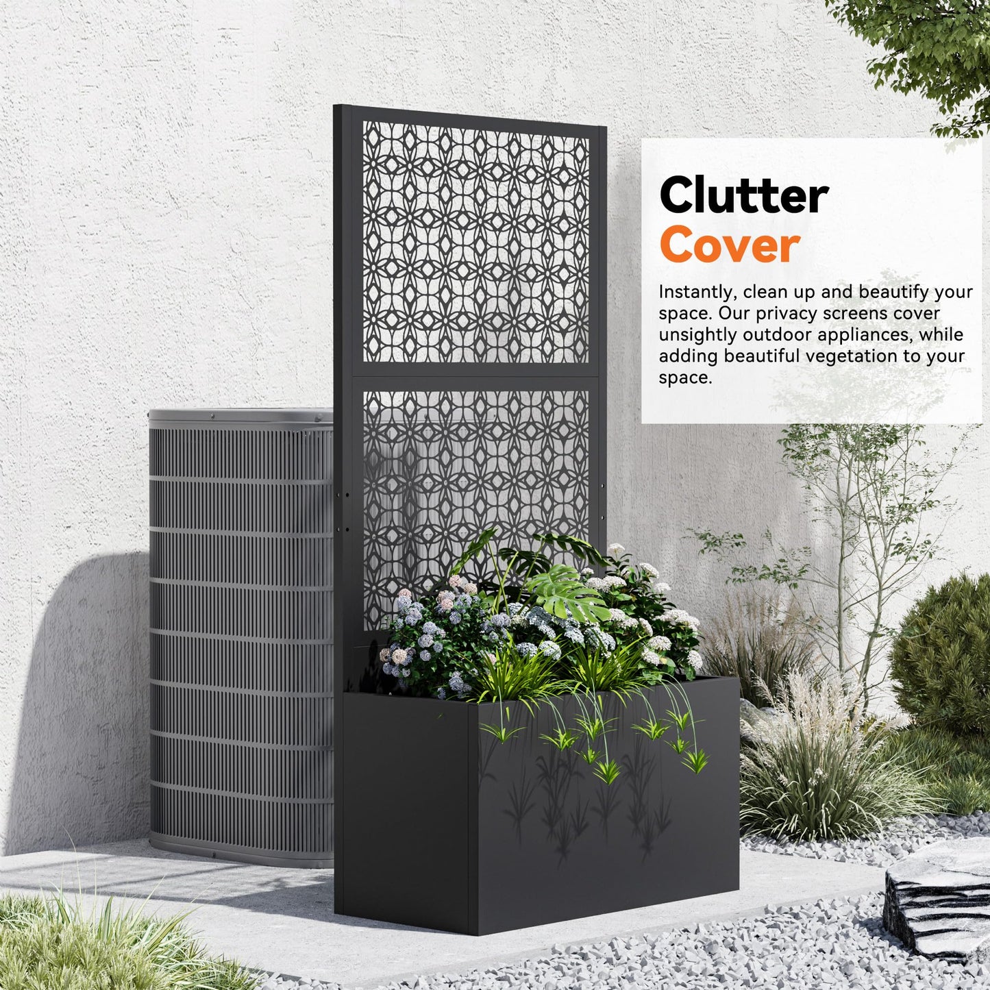 Modern Shade Metal Planter Box with Trellis Privacy Screen, 6x3 FT Large Raised Garden Bed, Multi-Functional Privacy Screen Outdoor with Drainage Holes for Climbing Plants, Petal Weave