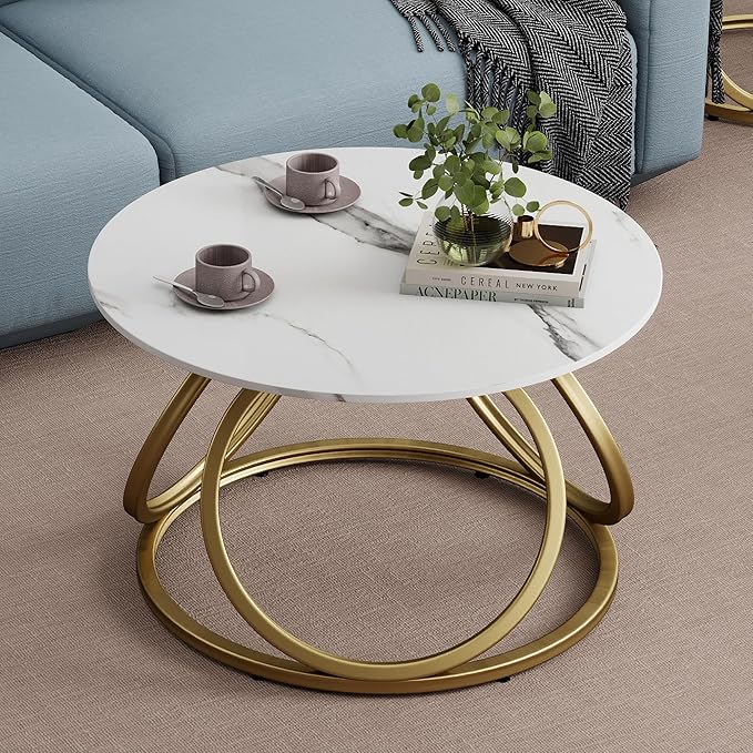 O&K FURNITURE Gold Round Coffee Table, Faux Marble Top