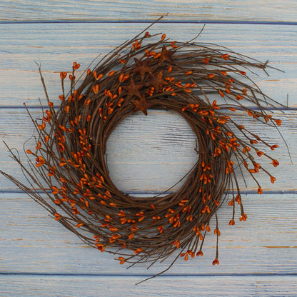 CVHOMEDECO. Primitives Rustic Pip Berries and Twig with Rusty Barn Stars Wreath, 12-Inch, Gold