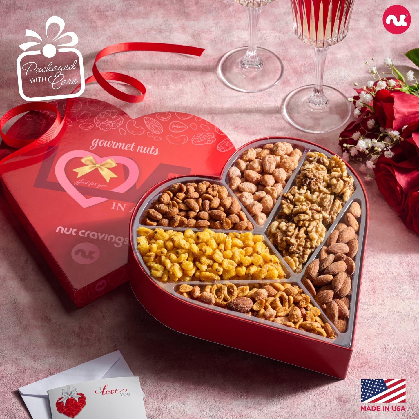NUT CRAVINGS - Valentines Day Mixed Nuts Heart Shaped Gift Basket, Love in A Box (6 Assortments, 2 LB) Romantic Food Arrangement, Healthy Snack Care Package, Food Assortments