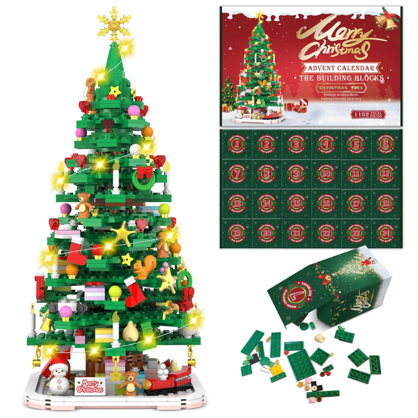 Advent Calendar 2025 Christmas Tree Building Toy Set with LED light, Christmas Countdown Calendar, 24 Days Building Block for Kids Adult Creative Gifts for Adults Teens Girls Ages 8+