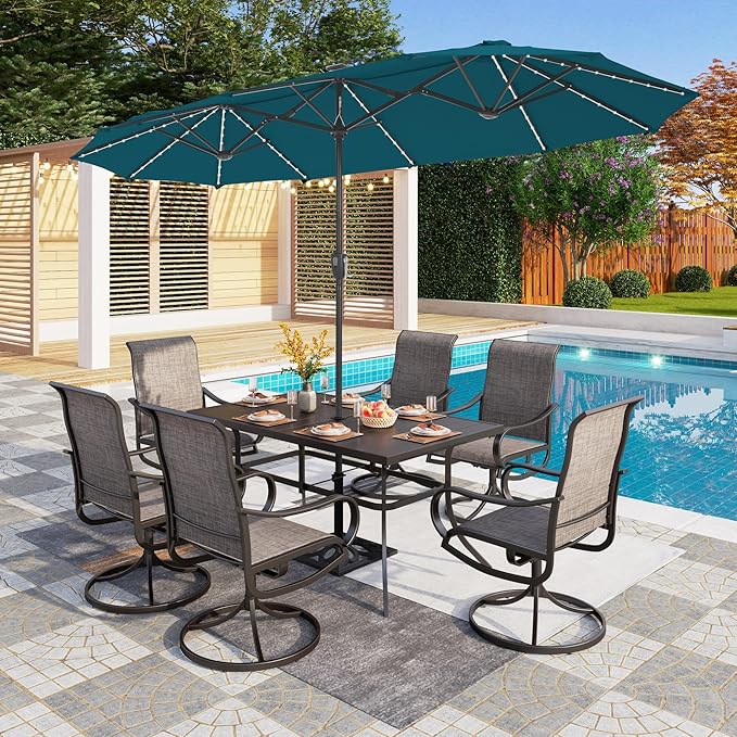 PHI VILLA 13ft Patio Umbrella with Solar-Powered 120 PCS LED Color-Changing Lights, Triple-Head Large Rectangle Umbrella Outdoor Patio for Table with Crank Lift,Cyan(No Base)