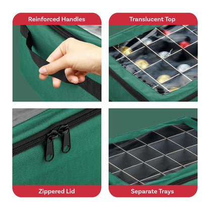 Ornament Storage Box - Zippered Organizer with 48 Individual Compartments and Dividers for Christmas Bulbs and Decorations by Tiny Tim Totes (Green)