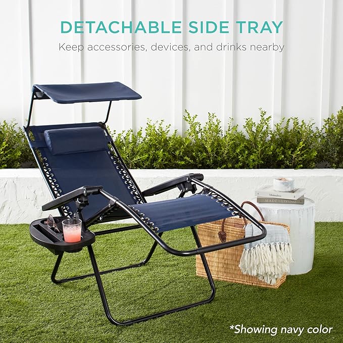 Best Choice Products Folding Zero Gravity Outdoor Recliner Patio Lounge Chair w/Adjustable Canopy Shade, Headrest, Side Accessory Tray, Textilene Mesh - Light Blue