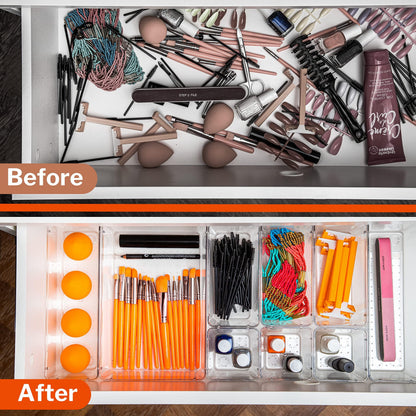 Stackzy Drawer Organiser Set – Makeup Organiser Tray for Drawers – Clear Cosmetics Container Tray for Bedroom – Utensil Cutlery Set Divider – Kitchen Storage & Organisation – 16pack