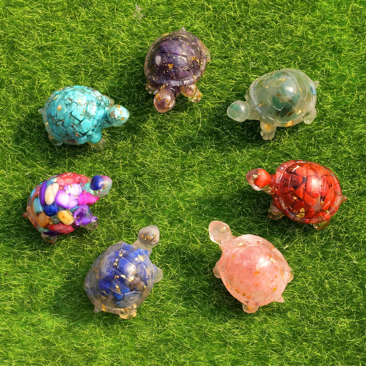 RJINGSHI 8PCS Crystal Turtle Figurine Set for Teens- Handmade Sea Turtle Resin Decor for Home, Office & Fish Tank, Healing Crystal Animal Statues for Desk, Shelf or Meditation Space Gift