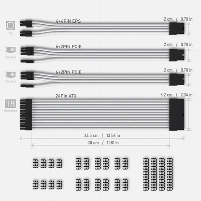 EZDIY-FAB PSU Cable Extension Sleeved Custom Mod GPU PC Power Supply Soft Nylon Braided with Comb Kit 24PIN/8PIN to 6+2Pin/ 8PIN to 4+4PIN-30CM 300MM - White
