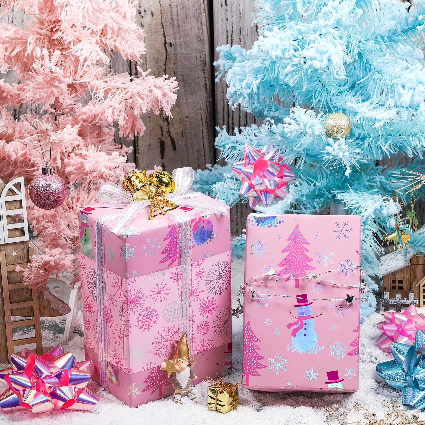 LeZakaa Christmas Pink Wrapping Paper Mini Roll, Snowman Christmas Tree & Snowflake Metallic Foil, Rose Gold Foil Reversible Design for Festive Winter Holiday, Family Gathering, 17 inches x 32.8 Feet
