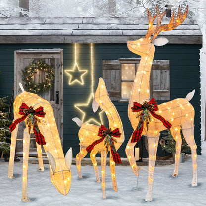 Hourleey 3-Piece Pre-Lit Reindeer Family Set, 3D Plug in 170 Count Warm White Lighted Decoration, Waterproof Outdoor Christmas Deer Decor for Yard, Patio, Lawn, Garden, Party