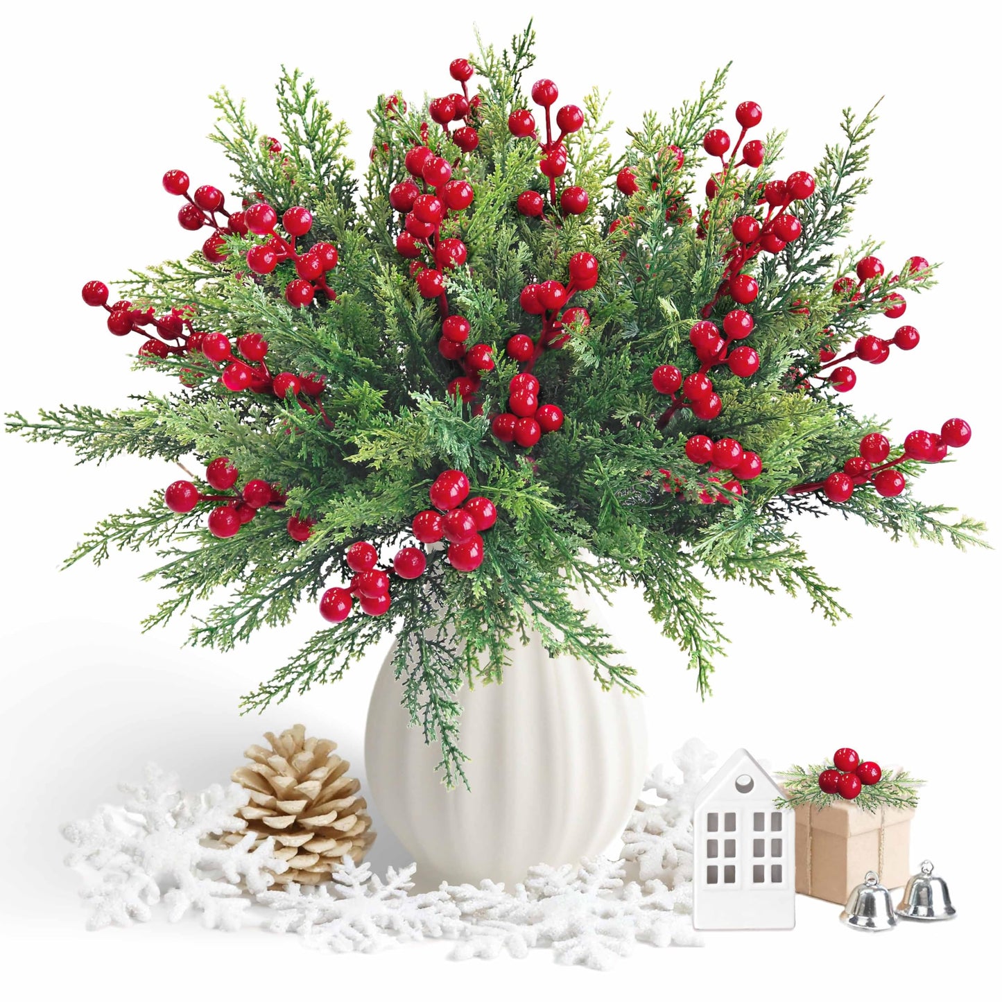 4 Bundles 84 Pcs Christmas Artificial Flowers,Faux Norfolk Pine Branches with Artificial Red Berry Sprigs,Perfect for Christmas Garland and Christmas Table Decorations,Winter Decor,Christmas Picks